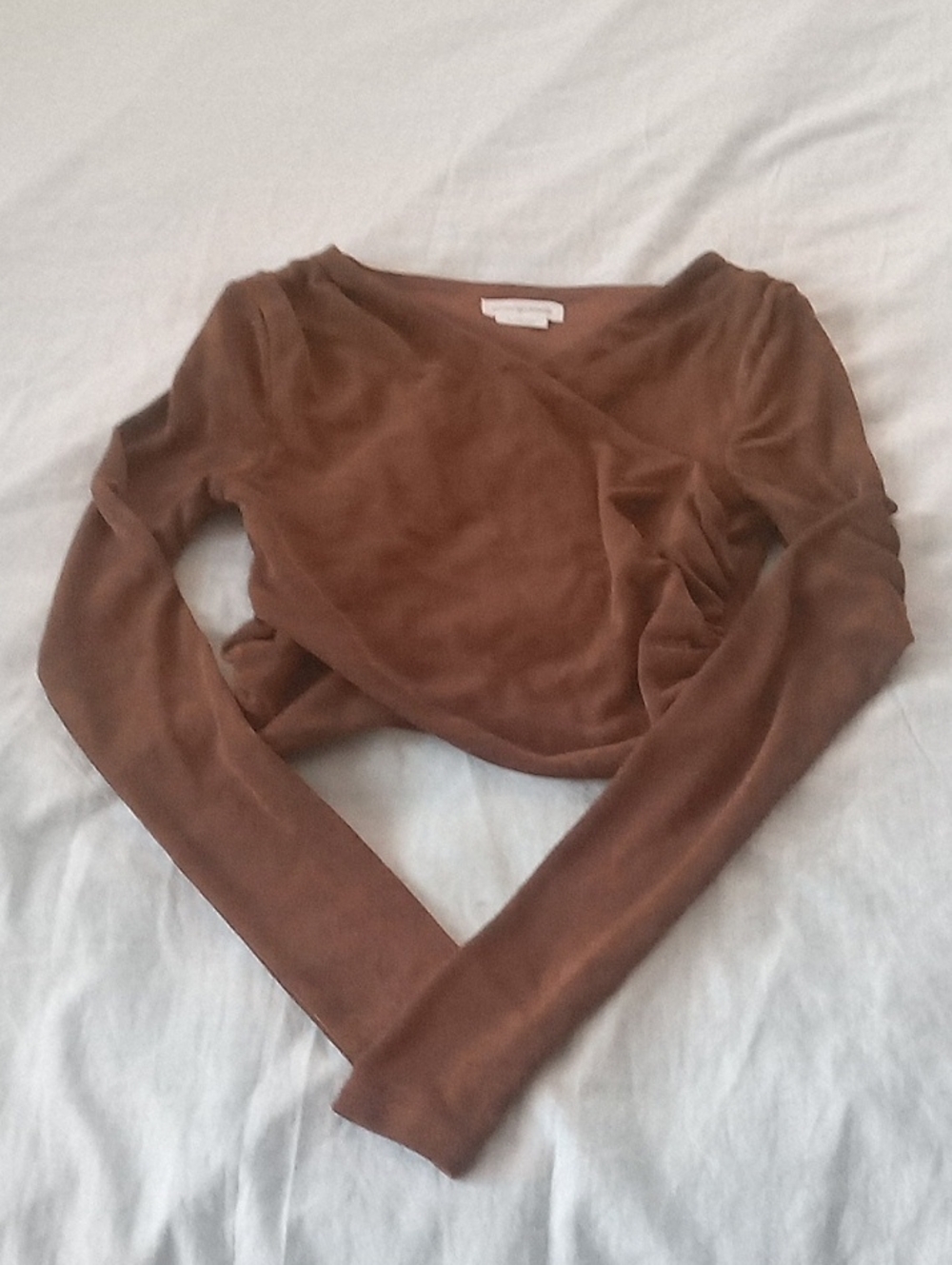 Lovers + Friends Suede-Look Wrap Long Sleeve Crop Top in Brown